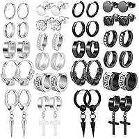 Earrings for Men, Funtopia 11 Pairs Black Earrings and 11 Pairs Silver Stainless Steel Small Hoop Earrings, Cross Dangle Earrings Stud Earrings Set for Party Birthday