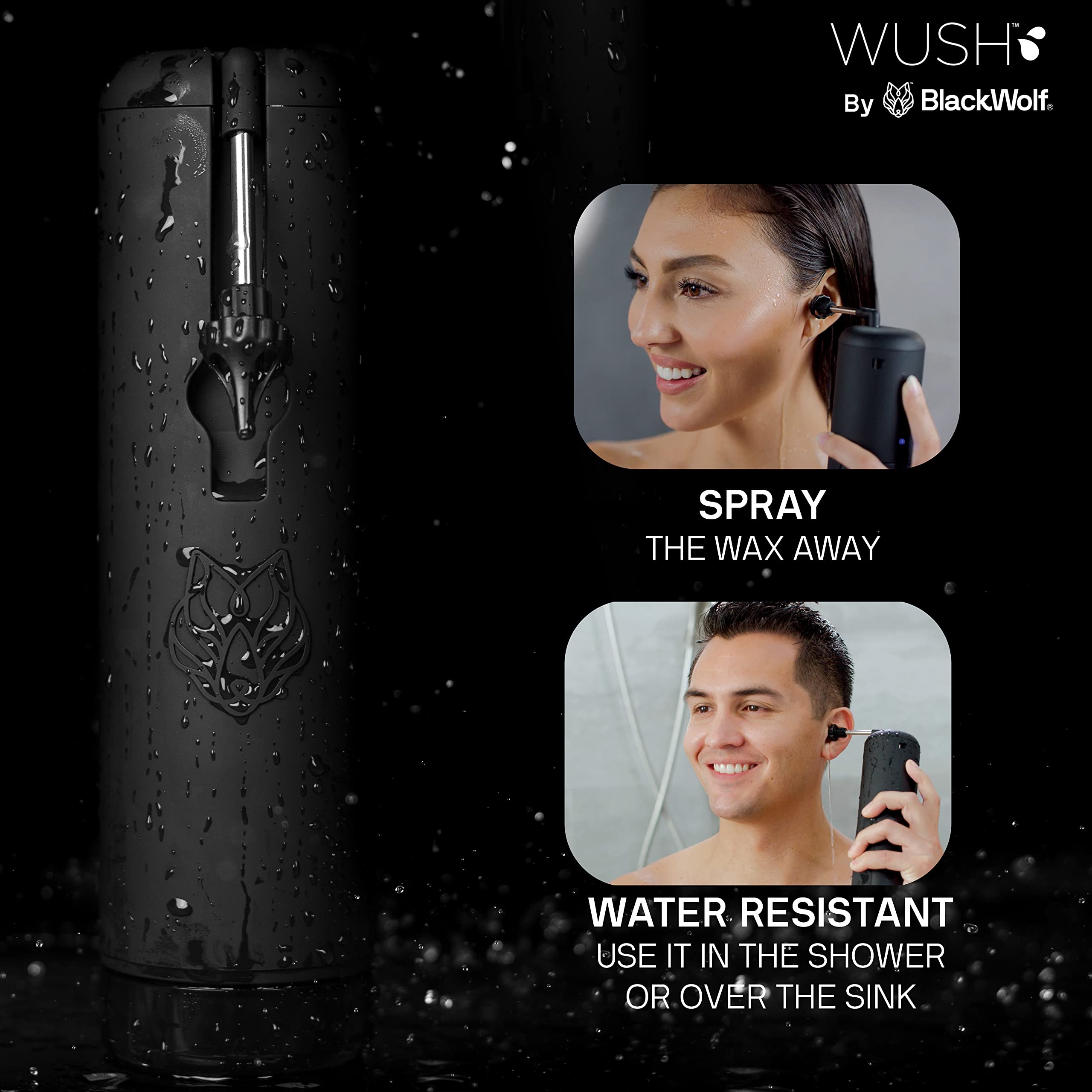 Wush Pro By Black Wolf - Deluxe Water Powered Ear Cleaner- Safe & Effective - Electric Triple Jet Stream 3 Pressure Settings For Ear Wax Buildup - Ear Wax Removal Kit- Water Resistant USB Rechargeable