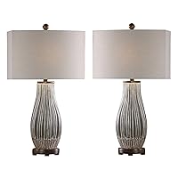 MY SWANKY HOME Crackled Ceramic Ribbed Gray Table Lamp Set 2 Bronze Brown Beige Vintage Style