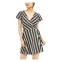 Womens Black Striped Short Sleeve V Neck Short Fit + Flare Dress Juniors S