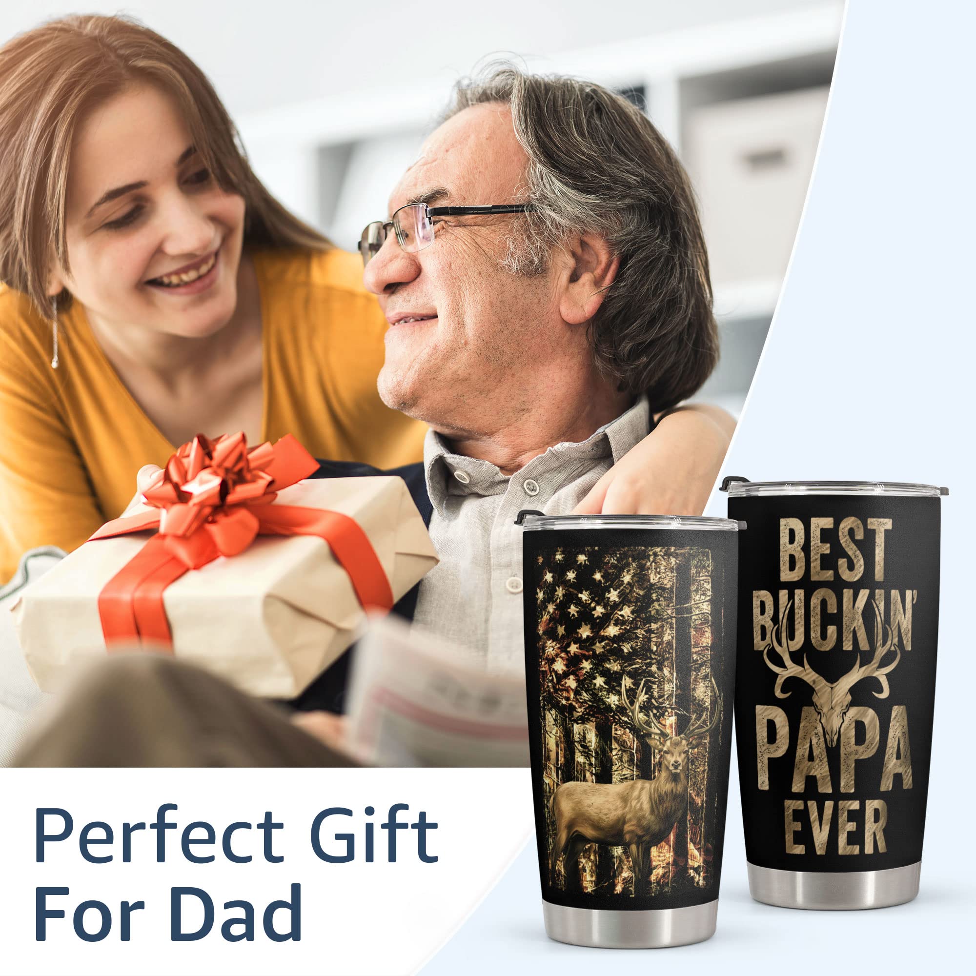 Macorner Hunting Gifts for Men - Stainless Steel Tumbler 20oz for Father - Best Buckin Papa - Birthday Gifts for Men Dad Papa Husband - Christmas Gifts for Dad from Daughter Son - Gifts for Hunters