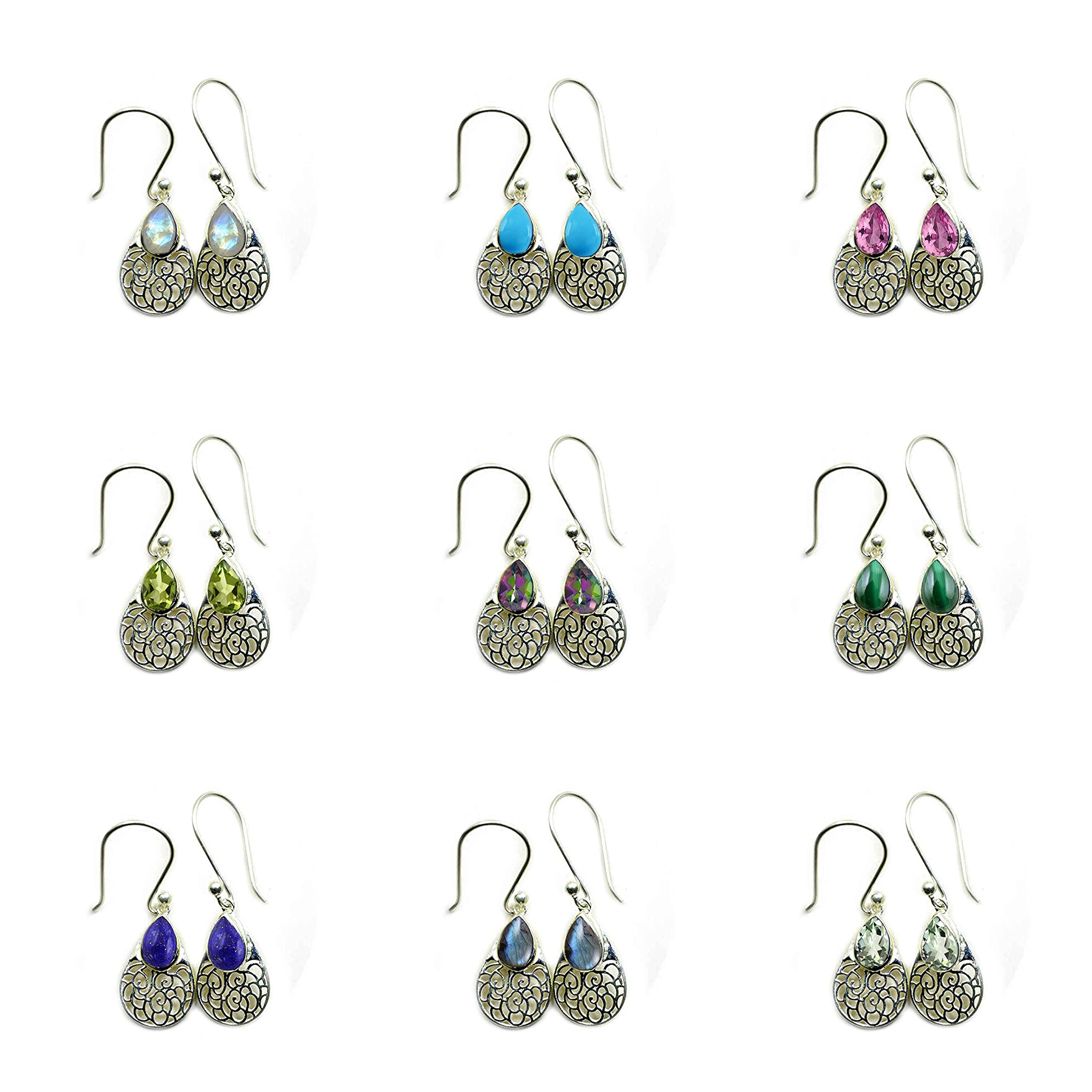 55Carat Choose Your Color Gemstone Pear Shape Drop & Dangle Earrings 925 Sterling Silver Vintage Fish Hook Earrings Chakra Healing Birthstone Jewelry Gift For Womens