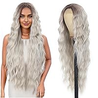 36 Inch Middle Part Body Wave Lace Front Wigs Synthetic Hair For Women Ombre Grey Colored Lace Wigs (36 Inch Ombre Grey Wavy Wig)