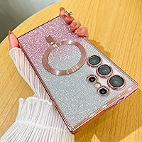 Case Fit for Samsung Galaxy S24 Ultra (Compatible with MagSafe) Glitter Bling Plating Case with Camera Lens Protector Shockproof Protection Anti-Scratch Phone Cover for Galaxy S24 Ultra - Pink