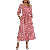 Berydress Summer Dresses for Women 2024 3/4 Sleeve Casual Square Neck Smocked Tiered Long Maxi Sun Dress with Pocket