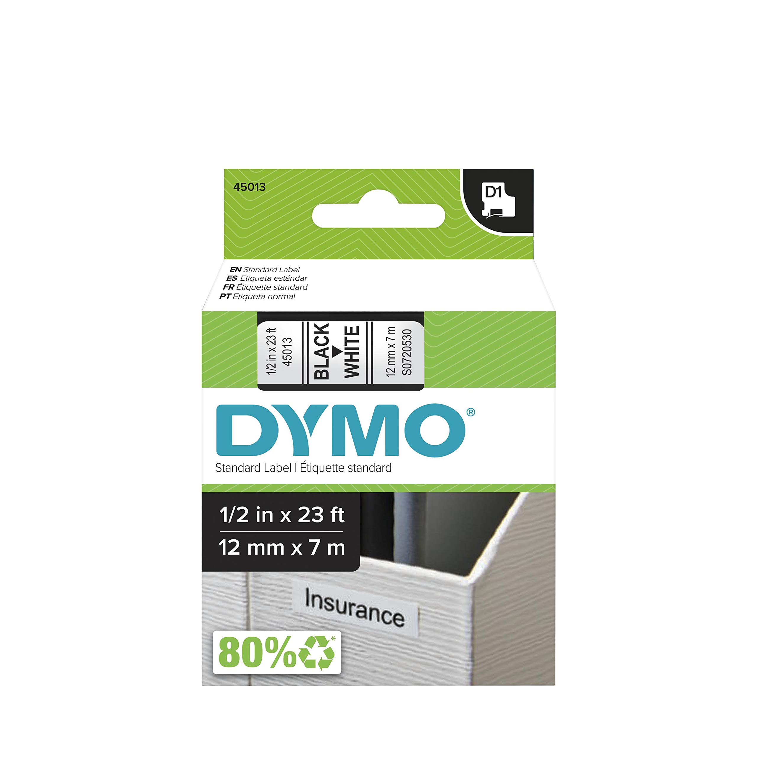 DYMO Standard D1 Labeling Tape for LabelManager Label Makers, Black Print on White Tape, 1/2'' W x 23' L, 1 catridge (45013)