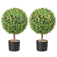 VEVOR Artificial Topiaries Boxwood Trees, 24 inch Tall (2 Pieces), Ball-Shape Faux Topiaries Plant with Planters, Green Feaux Plant w/Replaceable Leaves & Port for Decorative Indoor/Outdoor/Garden