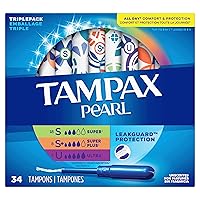 Tampax Pearl Tampons Trio Pack, Super/Super Plus/Ultra Absorbency with BPA-Free Plastic Applicator and LeakGuard Braid, Unscented, Blue, 34 Count (Pack of 1)