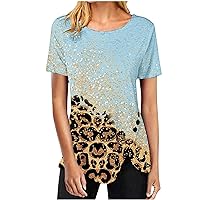 Leopard Print Color Block Tunic Tops for Women Crewneck Short Sleeve T Shirts Casual Summer Button Side Split Blouses