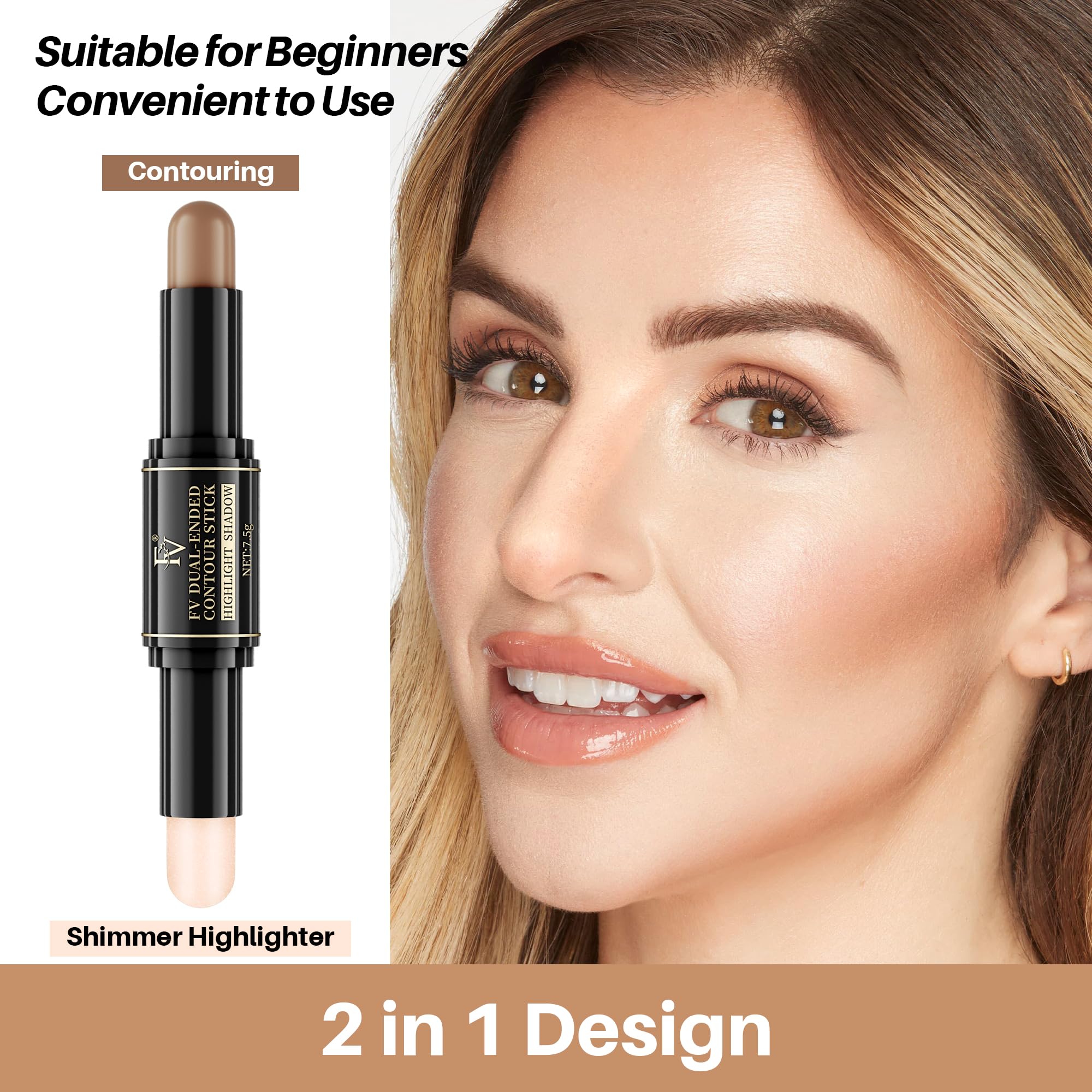 FV Cream Contour Stick, 2-in-1 Face Shaping Stick for Highlighting & Contouring, Bronzer Stick，Long Lasting & Waterproof，Non-Sticky Highlighter Makeup Pen for Light/Medium Skin Tones, 0.26oz (7.5g)