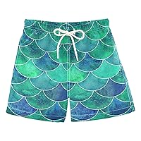 Mermaid Scale Ocean Boys Swim Trunks with Mesh Lining Toddler Beach Shorts Quick Dry for Kids Drawstring 2T-16