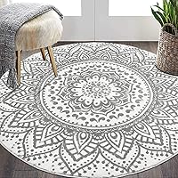 HEBE Large Round Area Rug Chic Mandala Bohemian Printed Rug Non Skid Machine Washable Ultra Soft Area Mat Living Room Circle Carpet for Bedroom Playroom ( Grey, 5.2Ft)