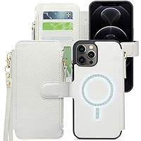 Harryshell Compatible with iPhone 12 Pro Max Case Wallet Support MagSafe Wireless Charging with 3 Card Slots Holder Cash Coin Zipper Pocket Pu Leather Flip Closure Wrist Strap (White)