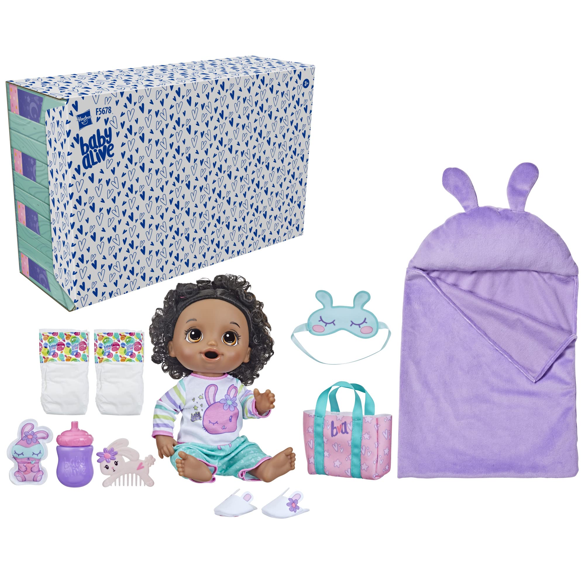 Baby Alive Bunny Sleepover Baby Doll, Bedtime-Themed 12-Inch Dolls, Sleeping Bag & Bunny-Themed Doll Accessories, Toys for 3 Year Old Girls and Boys and Up, Black Hair (Amazon Exclusive)