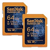 SanDisk 64GB 2-Pack Outdoors 4K SDXC UHS-I Memory Card (2x64GB)- Up to 170MB/s, C10, U3, V30, Trail Camera SD Card - SDSDXW2-064G-GN6V2