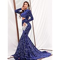 Dresses for Women - Cut Out Waist Mermaid Hem Sequin Prom Dress (Color : Royal Blue, Size : Large)