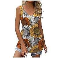 Women Fashion Flower Print Tunic Sleeveless T-Shirts Summer V Neck Casual Loose Fit Flowy Tank Tops for Vacation