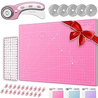 Rotary Cutter Set - Quilting Kit incl. 45mm Fabric Cutter, 5 Replacement Blades - Ideal for Crafting, Sewing, Patchworking, Crochet & Knitting (Pink, Cutting Mat Set (36