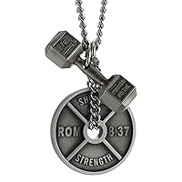 Shields of Strength Men's Fitness Gym Weight Plate and Dumbbell Pendant Combo Necklace Inscribed with Romans 8:37 and Luke 1:37 Bible Verses for Weightlifters and Athletes - Christian Gifts