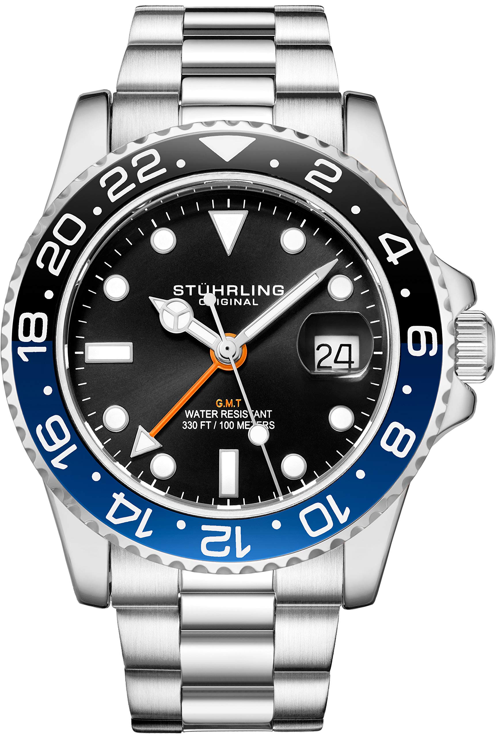 Stuhrling Original Men's Stainless Steel Triple Row Bracelet GMT Watch Quartz Dual Time, Quickset Date with Screw Down Crown Water Resistant up to 10 ATM