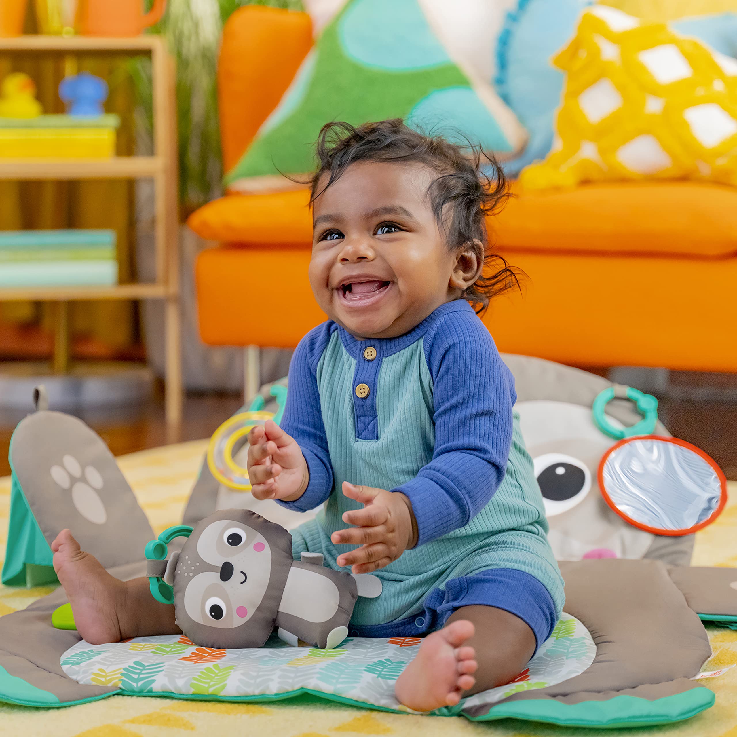 Bright Starts Tummy Time Prop & Play Baby Activity Mat with Support Pillow & Taggies - Sloth 36 x 32.5 in., Age Newborn+