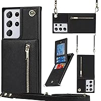 Case for Galaxy S23 Ultra,Crossbody Wallet Card Holder Leather PU Flip Detachable Adjustable Lanyard Girl Kickstand Magnetic Protective Case for Samsung Galaxy S23 Ultra 5G 6.8 inch 2023 (Black)