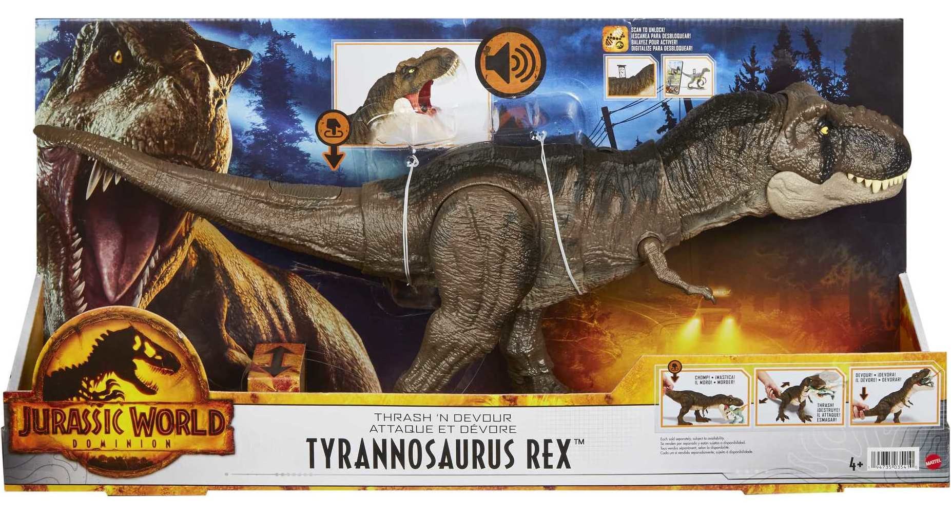 Mattel Jurassic World Toys Dominion Thrash â€˜N Devour Tyrannosaurus Rex Action Figure with Sound & Motion, T Rex Dinosaur Toy