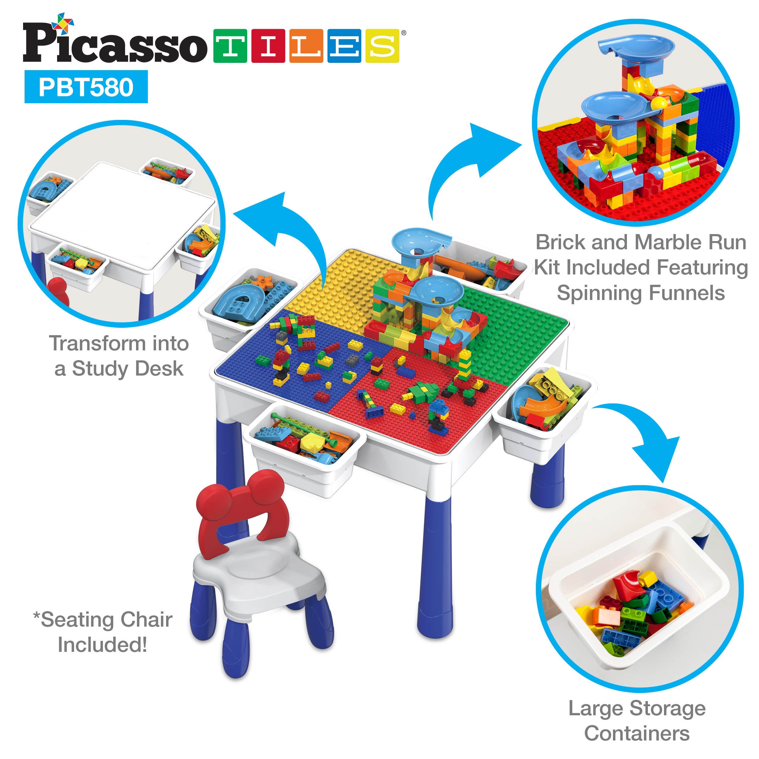 PicassoTiles Magnetic Drawing Board + Table Chair Set with Storage, 12x10 inch Large 748 Bead Magnet Tablet Pad Erasable Reusable Writing Playboard, 581pcs All-in-1 Building Blocks and Marble Run
