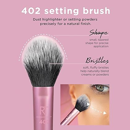 Real Techniques Makeup Setting Brush, For Setting Powder, Loose Powder, & Pressed Powder, Face Makeup Brush, 402 Brush, Sheer Coverage For Highlighter, Synthetic & Cruelty-Free Bristles, 1 Count