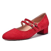 Womens Suede Mary Jane Dating Adjustable Strap Buckle Cute Round Toe Solid Block Low Heel Pumps Shoes 1.5 Inch