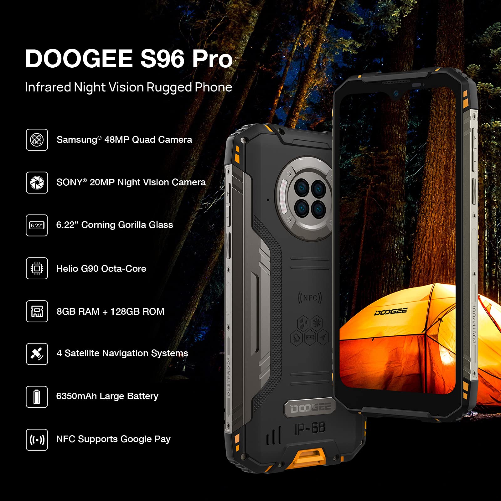 DOOGEE Rugged Phone Unlocked S96 Pro 8GB+128GB Infrared Night Vision Helio G90 Octa Core Waterproof Android Phone, 48MP+20MP, 6.22