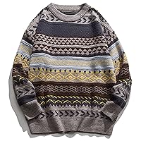 PEHMEA Men's Vintage Striped Sweater Oversized Crewneck Long Sleeve Knitted Pullover Jumper(Grey-M)
