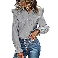 MakeMeChic Women's Plaid Ruffle Trim Long Flounce Sleeve Button Down Blouse Casual Button Up Shirt