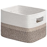 CHICVITA Storage Basket, Woven Basket for Baby Toys, Baskets for Organizing, Rectangle Basket with Handles, Rope Baskets for Shelves, Bathroom, 13 x 10 x 9 inches, White & Brown
