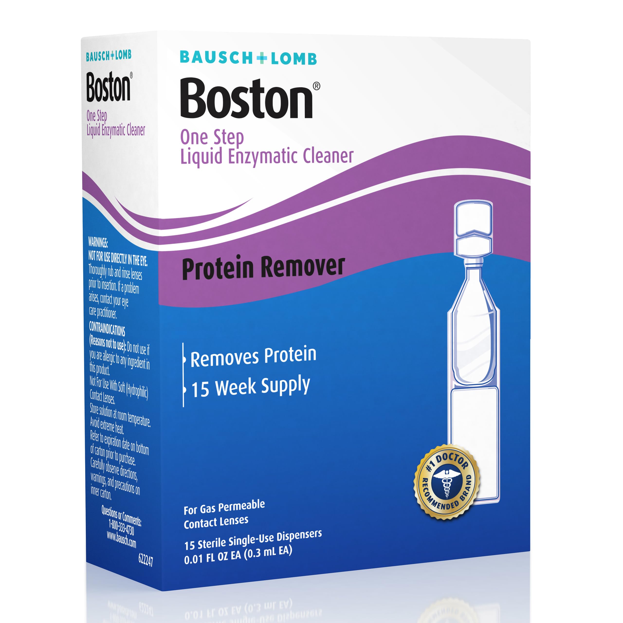 Boston One Step Liquid Enzymatic Cleaner, Protein Remover, 0.01 Fl Oz (1 Box of 15 Dispensers)