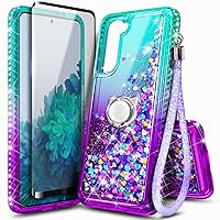 NZND Case for Samsung Galaxy S22 5G with Tempered Glass Screen Protector (Maximum Coverage), Ring Holder/Wrist Strap, Sparkle Glitter Flowing Liquid Women Girls Cute Case (Aqua/Purple)