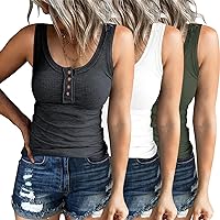 3 Pack Women Tank Tops Ribbed Summer Casual Sleeveless Basic Cami Top Slim Henley Button Down Blouses