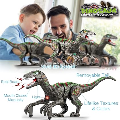 Happitry Remote Control Dinosaur Toys for Kids 5-7, RC Dino Toy Gifts for Boys 4-7-8-12, Big Robot Walking Velociraptor with Realistic Light Roar 2.4G Rechargeable