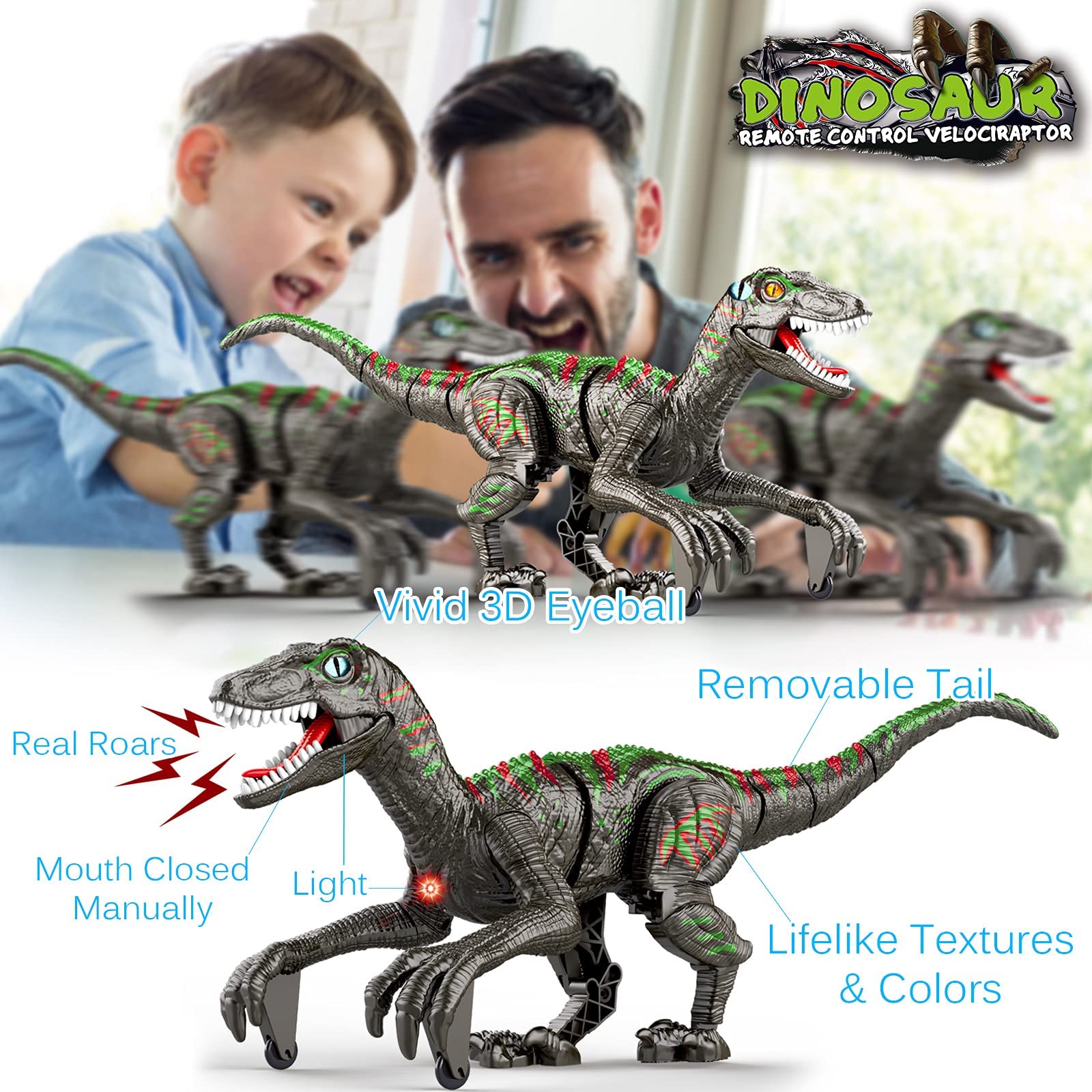Happitry Remote Control Dinosaur Toys for Kids 5-7, RC Dino Toy Gifts for Boys 4-7-8-12, Big Robot Walking Velociraptor with Realistic Light Roar 2.4G Rechargeable