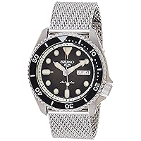 SEIKO SRPD73 Watch for Men - 5 Sports - Automatic with Manual Winding Movement, Black Dial with Black Bezel, Stainless Steel Case and Mesh Bracelet, 100m Water-Resistant, and Day/Date Display