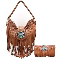 Western Style Fringe Conchos Gem Rhinestone Studded Woven Leather Purse Country Handbag Women Shoulder Bag Wallet Set, Brown, L