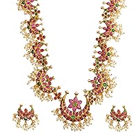 bodha Traditional Indian Antique Gold Plated Temple Jewelry Traditional Long Bridal Jewelry Necklace Set for Women SJN_41