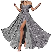 Off Shoulder Prom Dresses for Women 2023 Glitter Sparkly Split Long Formal Evening Party Gowns with Pockets