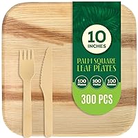 300 Pack Compostable Square Palm Leaf Dinnerware I 100 of 10'' Plates, 100 Knives and 100 Forks| Premium Disposable Plates Set I Heavy Duty Eco-Friendly Like Bamboo Disposable Plates