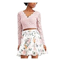 Womens Pink Zippered Low Cut Lace Deep-v at Back Floral Long Sleeve Evening Crop Top Juniors 1