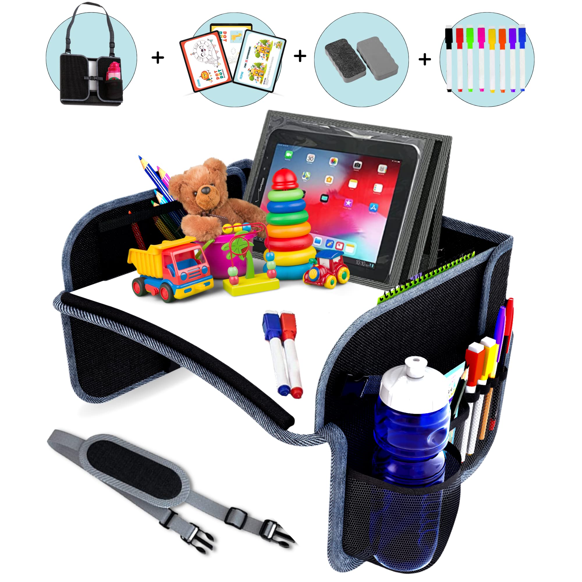 FICOMAX Kids Travel Tray for Car with 8 Markers, Eraser, Tablet, Cup Holder | Child Car Seat Tray | Kids Snack Lap Car Trays | Table Tray for Kids Road Trip Activities | Toddler Desk Organizer (Black)