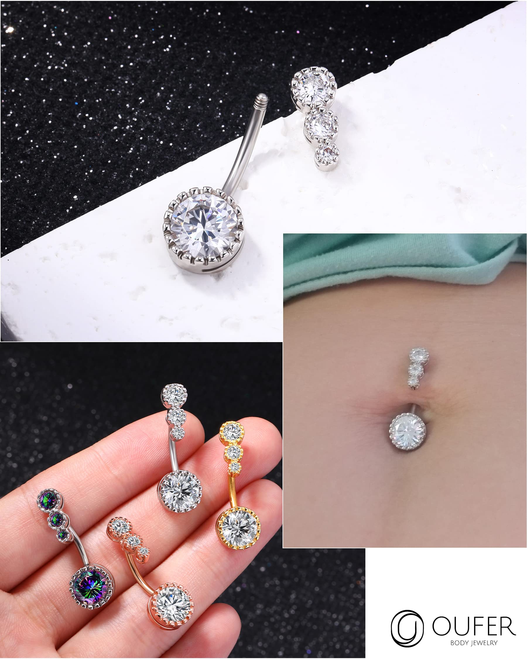 OUFER 316L Surgical Steel Belly Button Rings, Clear CZ Navel Rings, Belly Rings, Belly Navel Piercing Jewelry, Belly Piercing Jewelry