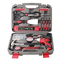 Apollo Tools 135 Piece Household Tool Set with Pivoting Dual-Angle 3.6 Volt Lithium-Ion Cordless Screwdriver – Includes Most-Needed Tool Selection and Hanging Assortment- Red - DT0773