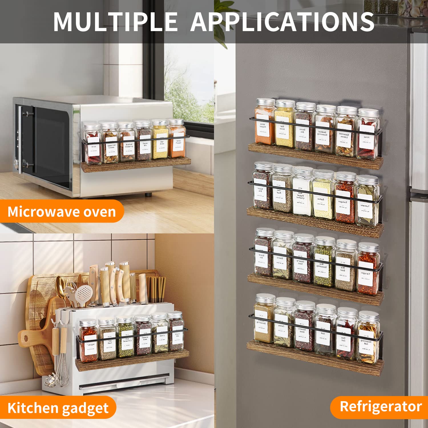 KitHero Magnetic Spice Rack Organizer with 24 Jars, 216 Labels, 1 Steel Funnel for Refrigerator，Microwave Oven - Full Set of Seasoning Organizer