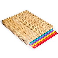 Bamboo Cutting Board Set - Easy-to-Clean Wood Cutting Board Set with 6 Color-Coded Flexible Plastic Cutting Boards with Food Icons - Wooden Cutting Boards For Kitchen - Wooden Chopping Board Set